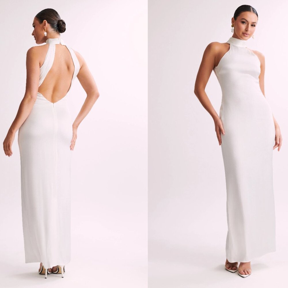 MESHKI CLAIRE Satin Drape Back Maxi Dress - White